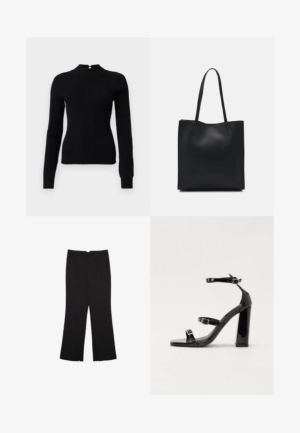 Svart ribbad stickad tröja med hög hals och långa ärmar. Har en nyckelhålsdetalj på baksidan och en figurnära silhuett.; Svarta byxor med rak passform, utrustade med framfickor och sidoklyvningar vid fållen. Tillverkade av mjukt, slätt tyg. Lämpliga för olika tillfällen.; Svarta lackerade klacksandaler med fyrkantig tå, ankelremmar och silverfärgade spännen. Har en kraftig blockklack för stabilitet.; Svart lädertoffelväska med slät textur, rektangulär form och två långa handtag. Ingen synlig hårdvara eller dekorationer.