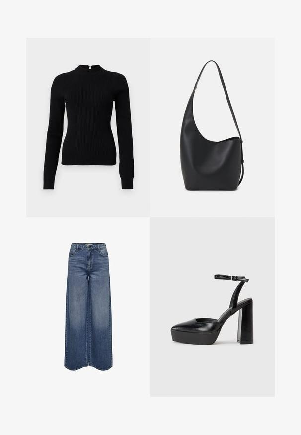 Pull en maille côtelée noir avec un col montant et des manches longues. Présente un détail en forme de clé à l'arrière et une silhouette ajustée.; Jeans en denim bleu à jambes larges, avec une taille haute, un design classique à cinq poches et un lavage délavé pour un ajustement décontracté.; Escarpins noirs à plateforme avec un bout pointu et une sangle réglable à la cheville. Conçus en cuir lisse, avec un large talon bloc.; Sac hobo en cuir noir avec une texture lisse, une forme incurvée et une seule sangle réglable ; dispose d'une large ouverture en haut.