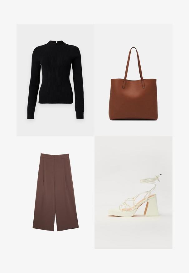 Czarny sweter z prążkowanej dzianiny z wysokim kołnierzem i długimi rękawami. Posiada detal w kształcie klucza z tyłu oraz dopasowany krój.; Brązowe spodnie o szerokich nogawkach z gładką fakturą, z wysokim stanem i plisami z przodu. Materiał jest lekki i luźno opada.; Biała sandał na wysokim obcasie z masywnym słupkiem, z paskowym wzorem i wiązaniem przy kostce. Gładka faktura z platformą z przodu dla dodatkowej wysokości.; Brązowa skórzana torba tote o gładkiej fakturze, z otwartym wierzchem i dwoma ramiączkami. Charakteryzuje się minimalnym przeszyciem i brakiem widocznych elementów metalowych.