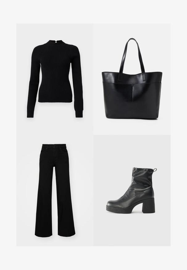 Schwarzer gerippter Strickpullover mit hohem Kragen und langen Ärmeln. Merkmale sind ein Schlüssellochdetail im Rücken und eine taillierte Silhouette.; Schwarze weit geschnittene Hose aus Denim, mit einem strukturierten Bund, Gürtelschlaufen und Fronttaschen. Glatte Textur mit klassischem Design.; Schwarze Stiefeletten aus glattem Leder mit seitlichem Reißverschluss, klobigem strukturiertem Absatz und runder Zehenform.; Schwarze Leder-Shopper-Tasche mit zwei langen Griffen, einer glatten Textur und einer strukturierten Form. Verfügt über eine Vordertasche für zusätzlichen Stauraum.
