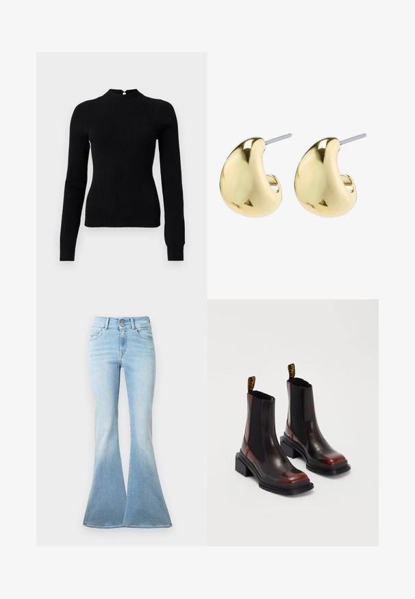 Suéter de punto acanalado negro con cuello alto y mangas largas. Presenta un detalle de ojal en la parte posterior y un corte ajustado.; Jeans acampanados de color azul claro hechos de denim. Presentan una cintura alta con dos botones y un ligero desgaste hacia el dobladillo. Diseño clásico de cinco bolsillos.; Dr. Martens MAYBOLE CHELSEA - Botines con plataforma - black/cherry red; Pendientes de color dorado con una forma suave y redondeada, que cuentan con una superficie reflectante y un cierre de palanca para un uso seguro.