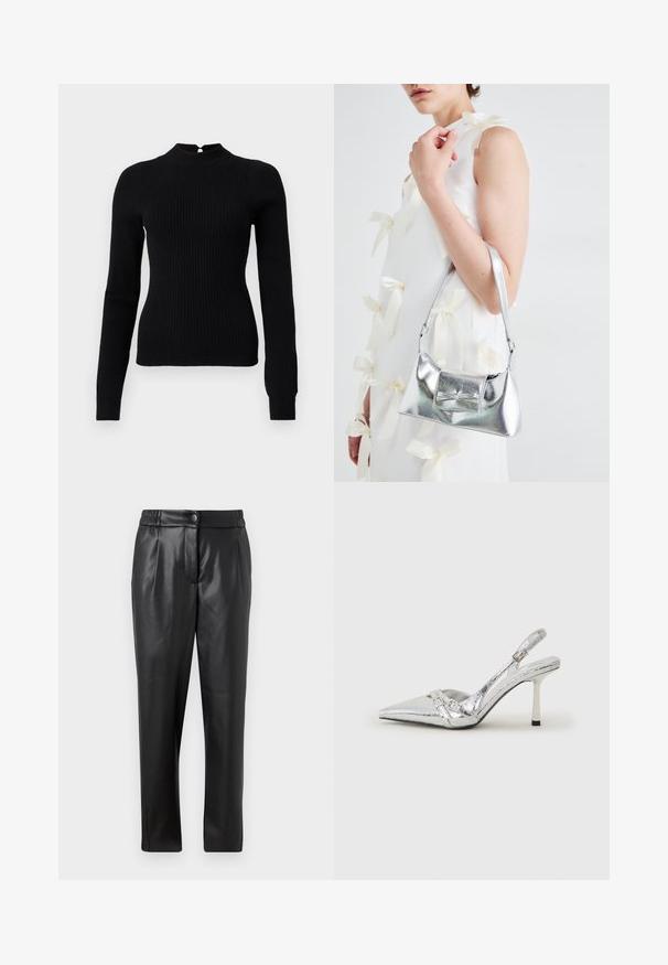 Fekete bordás kötött pulóver magas nyakkal és hosszú ujjakkal. Hátul kulcslyuk részlettel és karcsú szabással rendelkezik.; Fekete bőr nadrág sima textúrával, egyenes szabással, rugalmas derékkal és elülső gombos záródással; pliszírozott részletezéssel és szűkített lábakkal.; Ezüst slingback magas sarkú cipő hegyes orral, fémszerű felülettel, két dekoratív pánttal és vékony sarkú, fekete végű dizájnnal.; Ezüst fémes kézitáska, struktúrált formával, felső fogantyúval és masnis részlettel az elején. Simaságával és fényes felületével tűnik ki.
