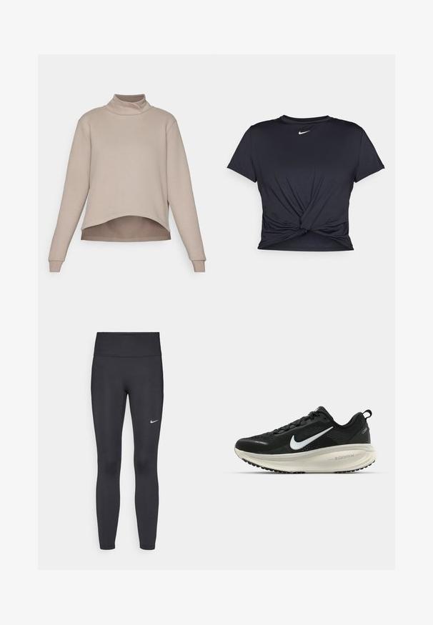 Yogasearcher BOTHI - Camisola - cacao; T-shirt atlético preto feito de tecido liso, apresentando um design frontal com nó e um pequeno logótipo branco da Nike no peito.; Leggings pretos feitos de tecido elástico, com uma cintura alta e um logo branco da Nike na coxa esquerda. Textura suave, design ajustado ao corpo.; Sapatilha de corrida Nike preta com parte superior de malha respirável, logotipo Swoosh branco, detalhes texturizados e uma entressola ZoomX na cor creme.