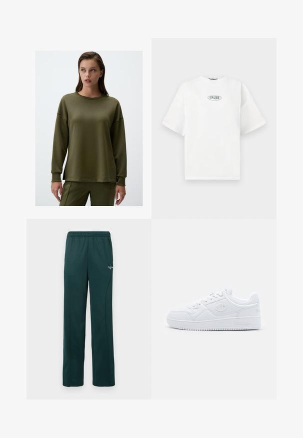 Zielona oliwkowa bluza z długim rękawem, wykonana z miękkiego materiału, z okrągłym dekoltem, luźnym krojem i bocznymi rozcięciami u dołu dla większego komfortu.; Biała koszulka z krótkim rękawem wykonana z bawełny, z graficznym logo w kolorze zielonym w owalnym kształcie na środku klatki piersiowej.; Ciemnozielone dresy wykonane z miękkiego materiału, z elastycznym pasem i szwami bocznymi, z małym logo z przodu.; Białe sneakersy wykonane z gładkiego materiału syntetycznego, z okrągłym czubkiem, płaską podeszwą i subtelnymi akcentami logo po bokach. Klasyczny niski design.