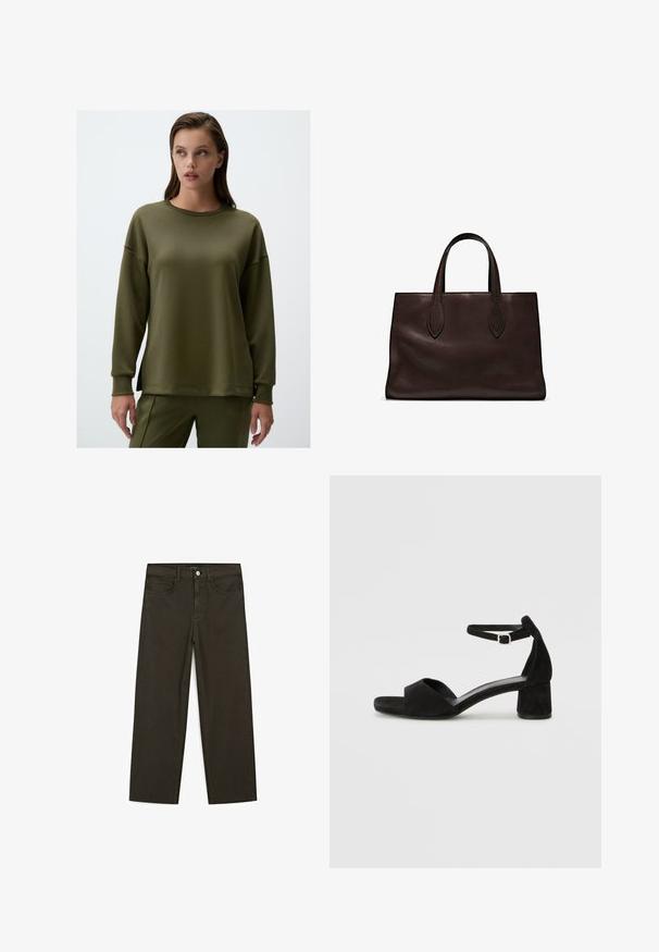 Zielona oliwkowa bluza z długim rękawem, wykonana z miękkiego materiału, z okrągłym dekoltem, luźnym krojem i bocznymi rozcięciami u dołu dla większego komfortu.; Ciemnozielone spodnie dżinsowe typu wide-leg wykonane z mieszanki bawełny, z zamkiem na guzik z przodu, pięcioma kieszeniami i klasycznym przeszyciem dżinsowym.; Czarne zamszowe sandały na obcasie z cienkim paskiem wokół kostki, otwartym noskiem i skromnym słupkowym obcasem. Gładka faktura i minimalne akcenty.; Brązowa skórzana torba tote z dwoma wydłużonymi uchwytami, usztywnionym prostokątnym kształtem, gładką teksturą i subtelnymi detalami przeszycia.