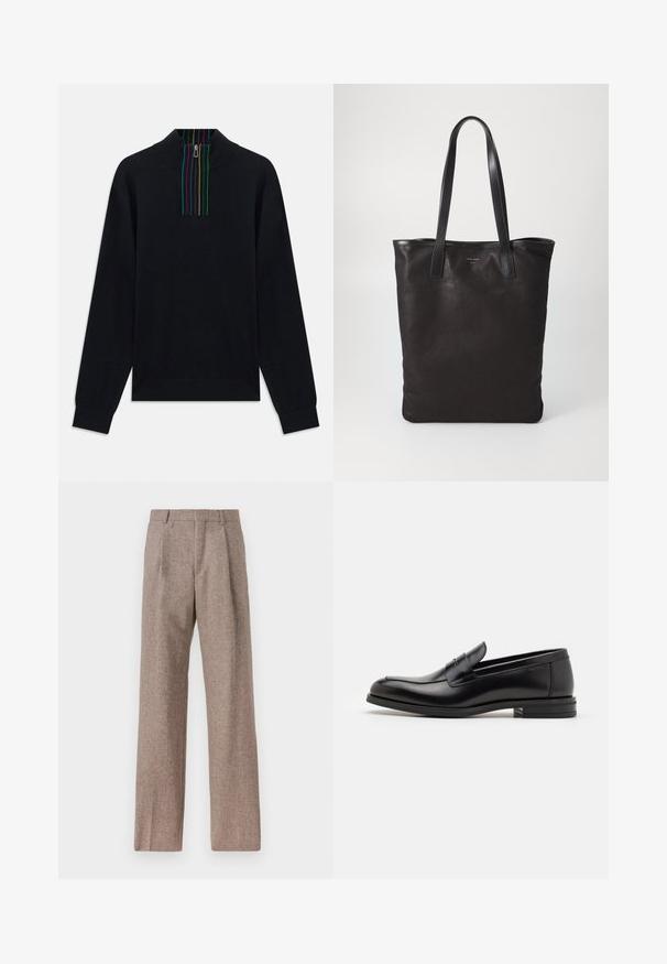 Pulover negru cu mânecă lungă, cu guler cu fermoar pe jumătate, având dungi verticale multicolore pe platcă și interiorul gulerului.; Pantaloni bej, cu talie înaltă, dintr-un material texturat. Prezintă picioare late și două pliseuri frontale pentru structură. Finisaj îngrijit, fără accesorii vizibile.; Mocasini din piele neagră cu o textură netedă, vârf rotund și o curea decorativă peste partea superioară. Toc mic, design minimalist.; Geantă de umăr din pânză neagră cu mânere din piele neagră. Design simplu, corp spațios și textură netedă. Fără logo-uri sau modele vizibile.