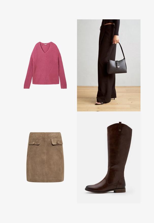 Rózsaszín kötött pulóver V-nyakkal, textúrás mintával és cikk-cakk mintázattal az elején. Hosszú ujjú és bordázott aljjal.; Barna szarvasbőr mini szoknya sima textúrával, két elülső hajtókával és gombos záródásokkal mindkét oldalon. Egyszerű, egyenes szabás.; Barna, térdig érő csizmák sima bőrből, lekerekített orral, alacsony, rakott sarokkal és diszkrét varrással az oldalán.; Fekete kézi táska strukturált formával, sima textúrával és fémből készült záródással. Széles fekete nadrággal és nyitott orrú szandállal párosítva, fából készült padlón.