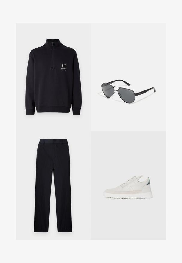 Black pullover sweatshirt with a high collar and quarter zip, featuring a white logo on the left chest and ribbed cuffs and hem.; Black trousers featuring a lightweight, textured fabric, straight-leg design, elastic waistband, and side zip pockets.; White leather sneakers with gray suede accents, lace-up design, pull tab, and textured rubber sole featuring a zigzag pattern.; Black aviator sunglasses with dark lenses, thin metal frame, and slender plastic arms featuring logo accents.