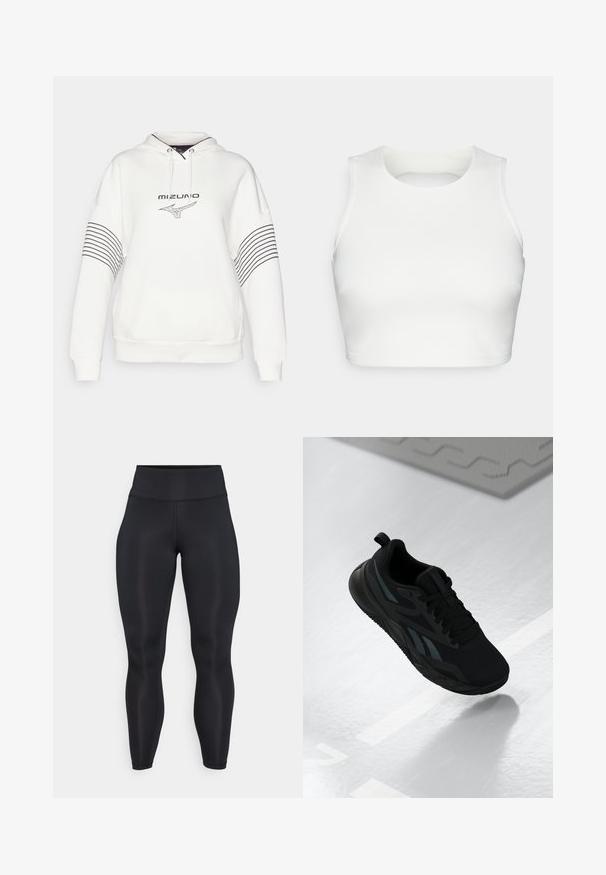 Mizuno ATHLETICS HOODY - Kapucnis pulóver - pristine; Fehér ujjatlan crop top sima anyagból, kerek nyakú, nyitott hátrésszel, rendezett varrásokkal az élein.; Fekete, magas derekú, teljes hosszúságú leggings sima anyagból, látható varrás részletekkel az elején és a derékrészen.; Fekete sportcipő hálós felső résszel, textúrált részletekkel és lapos talppal. Tonális logóval és húzófüllel a sarkán.