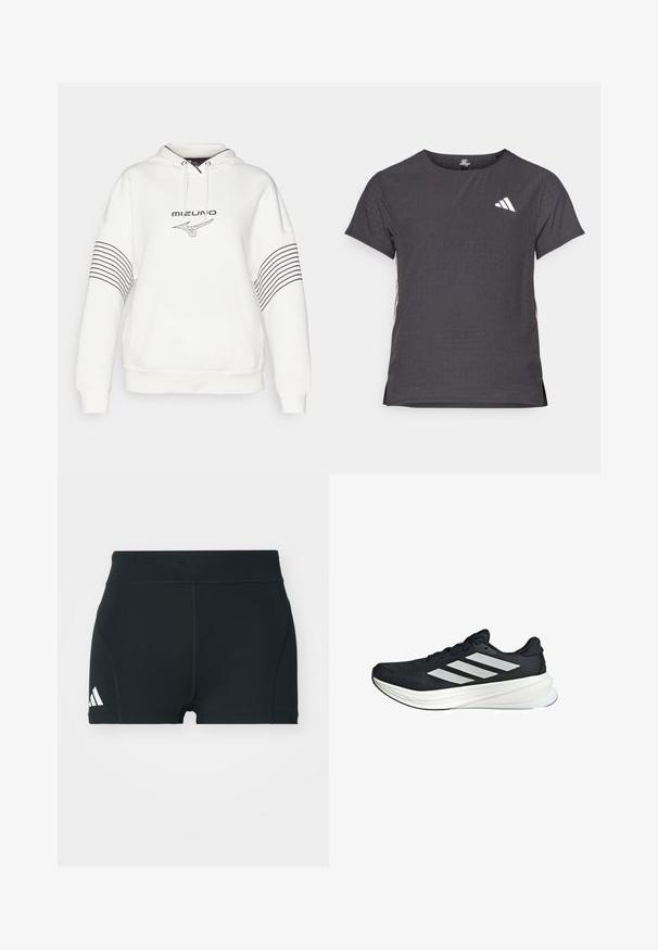 Mizuno ATHLETICS HOODY - Felpa con cappuccio - pristine; T-shirt atletico a maniche corte, grigio scuro con texture perforata. Presenta un logo bianco e strisce laterali a contrasto. Girocollo.; Pantaloni sportivi neri realizzati in tessuto elasticizzato, con vita alta, forma aderente e logo Adidas bianco sul lato sinistro.; Scarpa sportiva nera con tomaia testurizzata, caratterizzata da tre strisce bianche sui lati e un suola intermedia bianca. Design leggero, forma aerodinamica.