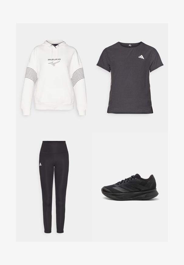 Mizuno ATHLETICS HOODY - Felpa con cappuccio - pristine; T-shirt atletico a maniche corte, grigio scuro con texture perforata. Presenta un logo bianco e strisce laterali a contrasto. Girocollo.; Leggings neri a vita alta realizzati in tessuto elastico. Presentano un logo bianco sul lato sinistro e un design elegante e senza cuciture. Texture liscia.; Scarpa da corsa nera con tomaia in rete traspirante, punta rotonda, design elegante, dettagli testurizzati e suola ammortizzata per il comfort.