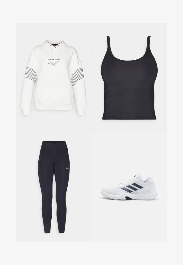 Mizuno ATHLETICS HOODY - Kapuutsiga pusa - pristine; Must have kaelus riietus, millel on õhukesed rihmad, valmistatud siledast materjalist. Omab ümmargust kaelust ja puhtaid, sujuvaid ääri.; Mustad püksid kõrge vöökohtaga, valmistatud venivast kangast, millel on reie peal väike valge logo ja sile tekstuur.; Valge spordijalats, millel on võrkpealne, kolm musta triipu küljepeal, tekstuuriga aktsendid ning tugev kummist tallaosa, millel on kontrastne must osa.