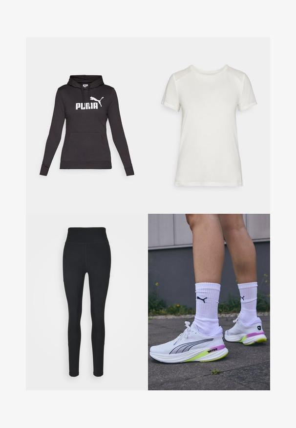 Svart hettegenser laget av glatt stoff, med en stor hvit "PUMA"-logo og en liten Puma-silhuett på brystet. Frontlomme i kengurustil.; Hvit t-skjorte med kort erm laget av mykt stoff, med rund hals og en avslappet passform med glatte, sømløse skulderdetaljer.; Svarte leggings laget av elastisk stoff, med høy midje, ribbestrikkede paneler på sidene og en tettsittende design som smalner inn ved anklene.; Hvite joggesko med et elegant design, svarte detaljer, lilla og grønne såledetaljer, og kombineres med hvite ribbestrikkede sokker med en svart logo.