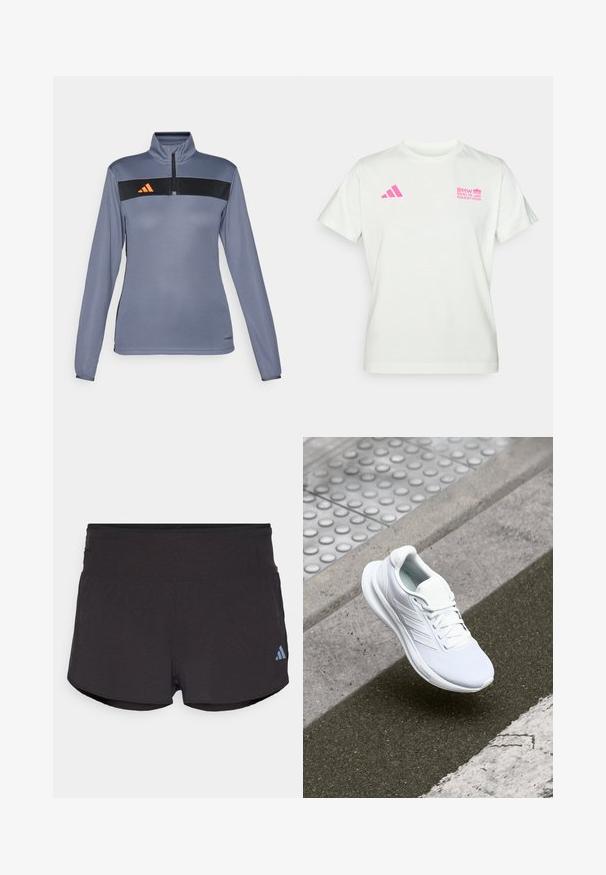 Maglia atletica grigia chiara a manica lunga con collo a mezza zip, caratterizzata da una striscia orizzontale nera e un logo arancione sul petto. Tessuto morbido.; T-shirt bianca a maniche corte con logo rosa Adidas sul lato sinistro del petto e logo del Maratona di Berlino BMW sul lato destro.; Shorts sportivi neri con finitura testurizzata, dotati di una cintura ampia e di un logo Adidas blu chiaro sul lato sinistro in basso.; Scarpa sportiva bianca con tomaia in mesh, design con lacci e suola testurizzata. Dettagli di branding sottili e costruzione senza cuciture visibili.