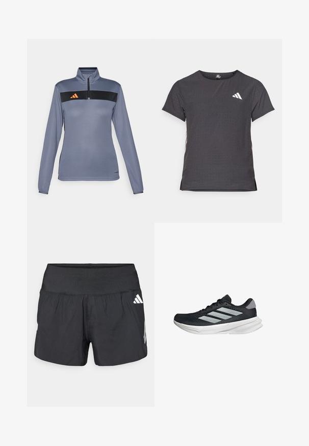 Haut de sport à manches longues gris clair avec un col zippé à mi-hauteur, présentant une bande horizontale noire et un logo orange sur la poitrine. Texture de tissu lisse.; T-shirt de sport à manches courtes, gris foncé avec une texture perforée. Présente un logo blanc et des rayures latérales contrastantes. Encolure arrondie.; Shorts athlétiques noirs avec une large ceinture élastique, un tissu léger et des accents de logo blanc sur le bas côté.; Baskets de course noires avec tige en mesh, trois rayures argentées, semelle intermédiaire blanche et semelle extérieure texturée. Comprend un col rembourré et un système de laçage.