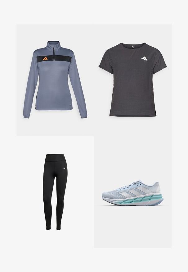 Haut de sport à manches longues gris clair avec un col zippé à mi-hauteur, présentant une bande horizontale noire et un logo orange sur la poitrine. Texture de tissu lisse.; T-shirt de sport à manches courtes, gris foncé avec une texture perforée. Présente un logo blanc et des rayures latérales contrastantes. Encolure arrondie.; Leggings de sport noirs avec une taille haute. Fabriqués en tissu extensible, avec un détail de logo blanc sur le côté supérieur gauche.; Baskets de sport bleu clair avec un dessus en tricot texturé, des accents blancs et une semelle intermédiaire transparente verte. Bout arrondi et col rembourré.