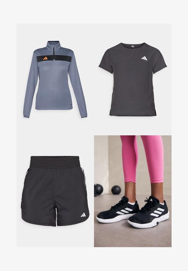 Light gray long-sleeve athletic top with a half-zip collar, featuring a black horizontal stripe and orange logo on the chest. Smooth fabric texture.; Short-sleeve athletic t-shirt, dark gray with perforated texture. Features a white logo and contrasting side stripes. Rounded neckline.; Black athletic shorts with an elastic waistband, side pockets, and white stripe accents on the sides. Made of lightweight material.; Black athletic shoes with white stripes, textured mesh upper, and a white sole. Worn with pink leggings, showcasing training apparel.