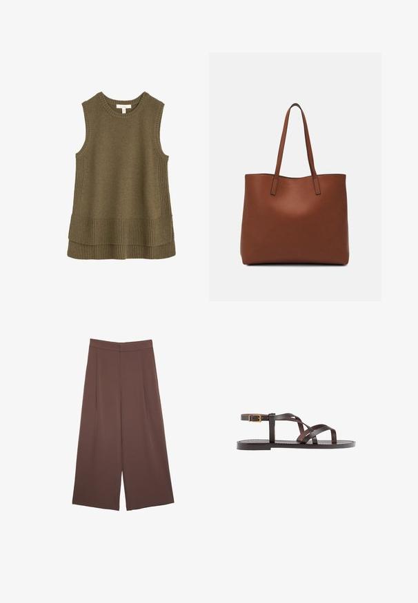 Seasalt Cornwall COUPLING - Stickad tröja - green dark seagrass; Bruna vida byxor med en slät textur, som har hög midja och framfickor. Tyget är lätt och flödar löst.; Bruna lädersandaler med korsade remmar, spänne runt vristen och en platt sula med minimala sömnadsdetaljer.; Brun läder tote-väska med en slät textur, öppen toppdesign och två axelremmar. Har minimal söm och ingen synlig metalldetalj.
