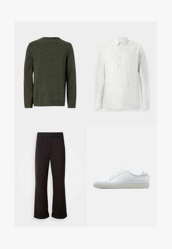 Sötétzöld kötött pulóver kerek nyakkivágással, hosszú ujjakkal, bordázott mandzsettákkal és hem. Simaszerű textúra és egységes minta az egész felületen.; Világos színű, hosszú ujjú ing, függőleges csíkokkal, gombos gallérral és mellzsebbel. Az anyag textúrájának látszik, puha felülettel.; Fekete, egyenes szabású nadrág, könnyű anyagból készült. Klasszikus gombzárral és felhajtható szegéllyel rendelkezik.; Fehér sportcipő sima bőr felső résszel és alacsony profilsal. Kerek orr, hat fűzőlyuk és barázdált gumitalp jellemzi.