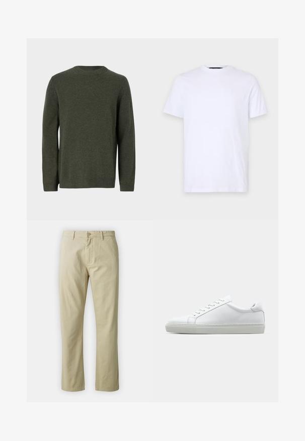 Dunkelgrüner Strickpullover mit Rundhalsausschnitt, langen Ärmeln und gerippten Bündchen und Saum. Glatte Textur mit einem einheitlichen Muster.; Weißes Baumwoll-T-Shirt mit kurzen Ärmeln, rundem Halsausschnitt, mit einem dezenten eingeprägten Logo auf der linken Brust, glatte Textur.; Beige Baumwollhose mit geradem Bein, mit vorderem Knopfverschluss und Gürtelschlaufen. Glatte Textur, keine sichtbaren Muster oder Akzente.; Weißer Sneaker mit glattem Lederobermaterial und niedrigem Profil. Verfügt über eine runde Zehenpartie, sechs Ösen und eine strukturierte Gummisohle.