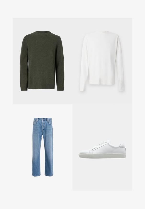 Tummanvihreä neulepaita, jossa on pyöreä kaula-aukko, pitkät hihat ja ribbikuvioitu resori hihansuissa ja helmassa. Tasainen rakenne, joka on kauttaaltaan yhtenäinen.; Pitkähihaisesta valkoisesta puuvillapaidasta, jossa on pyöreä pääntie, sivuhaalareita alaosassa ja sileä pinta, näkyy takaa.; Vaaleansiniset farkut suoranlahkeisella muotoilulla, viisi taskua, nappisuljenta, vähäinen kuluminen ja kontrastiväriset ompeluyksityiskohdat.; Valkoinen tennari, jossa on sileä nahkapäällinen ja matala profiili. Ominaisuuksiin kuuluu pyöreä kärki, kuusi rei'itystä ja teksturoitu kumipohja.