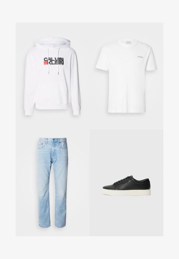 Witte hoodie met een voorkraag en een groot voorvak, voorzien van het zwarte en rode "CALVIN KLEIN" logo. Touwtjes met zilveren metalen uiteinden, zachte textuur.; Witte katoen T-shirt met korte mouwen en een ronde hals. Bevat een klein zwart "Calvin Klein" logo op de linkerborst.; Lichtblauwe denim jeans met een rechte pijp, met vervaagde delen, vijf-pocket ontwerp en een klassieke knoopsluiting.; Zwarte leren sneakers met geperforeerde structuur, ronde neus en platte witte rubberen zool. Voorzien van zwarte veters en een subtiel logo aan de zijkant.