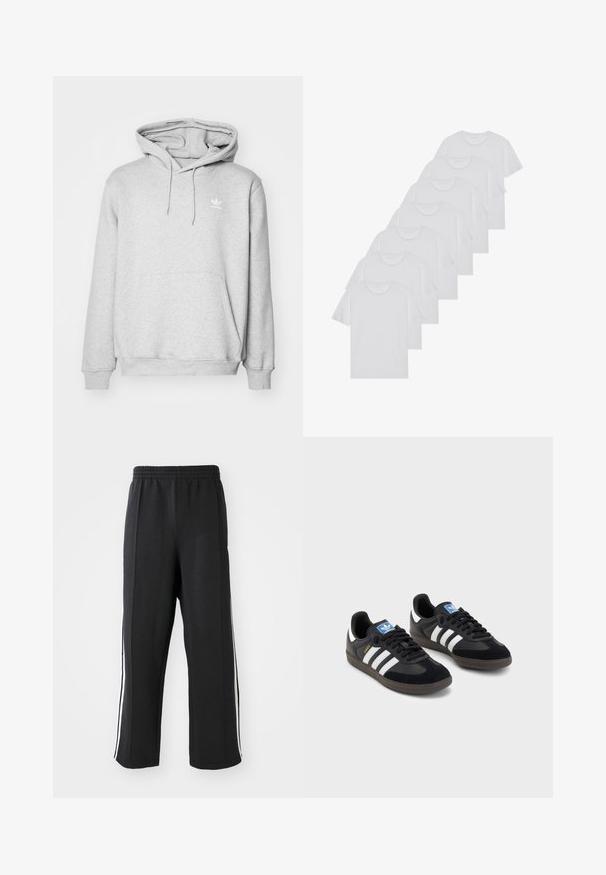 Grå hoodie med en känguruficka, justerbar dragsko på huvan och liten vit logotyp på bröstet. Tillverkad av mjukt, strukturerat material.; Vita bomull T-shirts, korta ärmar, rundad halsdesign, slät textur, staplade i en rad, med subtil branding vid halsringningen.; Svarta sweatpants med resår i midjan, med vita sidoränder och en avslappnad passform. Tillverkade av mjukt, stretchigt tyg.; Svarta sneakers med övre del av mocka och syntetmaterial, med tre vita ränder, texturerad gummisula och blå logotags på tungan.