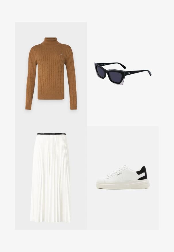 GANT - Sweter; Plisowana biała spódnica z czarnym elastycznym pasem z logo "LACOSTE". Średniej długości, o miękkiej teksturze.; Białe skórzane sneakersy z grubą białą podeszwą, czarnym zamszowym akcentem na pięcie oraz wytłoczonym logotypem z boku. Projekt z sznurówkami i sześcioma dziurkami.; Czarne, oversize okulary przeciwsłoneczne o geometrycznym kształcie, z ciemnymi soczewkami i kontrastującym szarym detalem na oprawie. Logo na ramieniu.