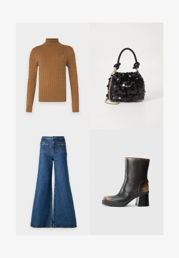 GANT TURTLENECK - Neule - cacao; Laadukkaat siniset leveälahkeiset farkut, joissa on korkea vyötärö, kaksi takataskua kultaisilla yksityiskohdilla ja raaka helma lahkeissa.; Musta nahkasaapas nilkkapituisena, kiiltävällä pinnalla, pyöreällä kärjellä, kontrastivärisin tan-sävyin, tukevalla korokkeella ja sivuvetoketjuyksityiskohdalla.; Mustan paljetti-minilaukku, jossa on solmittu teksturoidu hihna ja hopeaketju. Pyöreä muoto, joissa on rypistetty yläosa ja heijastava yksityiskohta.