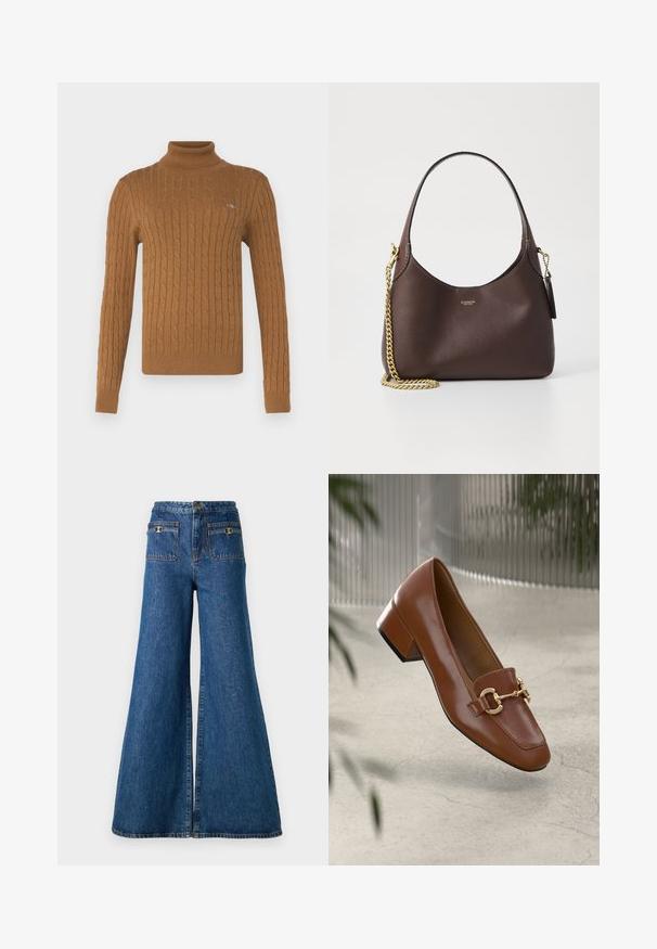 GANT TURTLENECK - Jumper - cacao; Wide-leg denim jeans in dark blue, featuring a high waist, two back pockets with gold hardware, and a raw hem at the legs.; Brown patent leather loafer with square toe, metallic chain accent, and low block heel; smooth texture, minimalist design.; COACH BROOKLYN SHOULDER BAG 23 - Handbag - maple