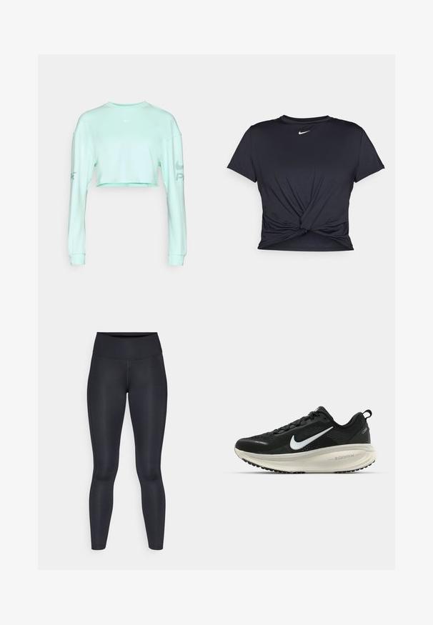 Mintgrön kortärmad sweatshirt med lång ärm, med rund halsringning och liten vit Nike-logga på bröstet och ärmen.; Svart atletisk t-shirt i mjukt tyg, med en knuten framdesign och en liten vit Nike-logga på bröstet.; Svarta leggings gjorda av ett smidigt, elastiskt tyg. Hög midja utan synliga mönster eller detaljer. Sitter tätt från midjan till anklarna.; Svart Nike löparsko med andningsbart mesh-ovandel, vit swoosh-logotyp, texturerad detaljering och en krämfärgad ZoomX-mellansula.