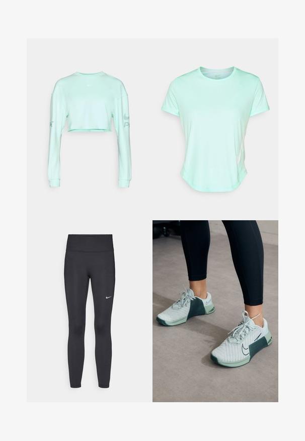 Mintgrøn crop sweatshirt med lange ærmer, der har en rund halsudskæring og et lille hvidt Nike-logo på brystet og armen.; Mintgrøn kortærmet atletisk t-shirt, glat stof med rund hals og et subtilt Nike-logo på siden. Let buet kant.; Sorte leggings lavet af strækbart stof, med en høj talje og et hvidt Nike-logo på venstre lår. Glat tekstur, tætsiddende design.; Fødder iført hvide og grønne Nike sneakers med sorte leggings, stående på et gråt træningsgulv.