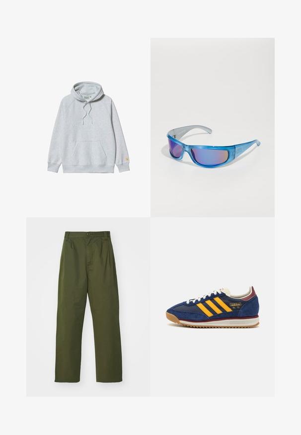 Pelēks kapucēts džemperis ar raglanu piedurknēm, priekšējo kabatu un auklu. Mīksta tekstūra ar mazu logotipu uz piedurknes.; Olīvzaļas augstas vidukļa bikses ar taisnu kāju dizainu. Izgatavotas no viegla auduma, ar priekšu krokām un pogu aizdari.; Jūras spēku zilo zamšveida čību ar dzeltenām svītrām, baltām auklām un bordo akcentiem. Reljefs zole ar rievojumu, lai nodrošinātu saķeri. Zīmola logo sānu daļā.; Zilas saulesbrilles ar caurspīdīgu rāmi, spoguļa lēcas ar gradienta slīpumu un sportisku dizainu, kas nodrošina drošu piegulšanu aktivitāšu laikā.