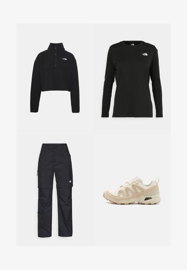 The North Face CROP - Felpa in pile - black; T-shirt nera a maniche lunghe in cotone con colletto rotondo. Presenta un piccolo logo bianco sul lato sinistro del petto. Design semplice e vestibilità comoda.; Pantaloni cargo in nylon nero con zip rimovibile, polsini regolabili, molteplici tasche e un logo sulla gamba destra. Tessuto liscio e leggero.; Scarpa atletica beige e crema con tomaia in mesh testurizzato, sovrapposizioni supportive e suola in gomma con un motivo a tasselli per la trazione.