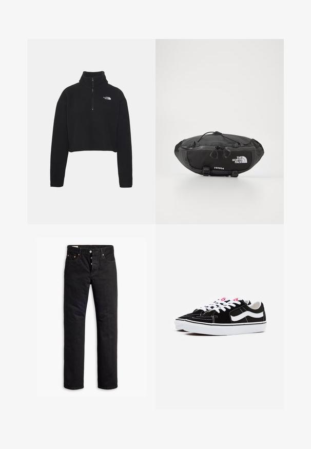 The North Face CROP - Felpa in pile - black; Jeans in denim nero con taglio dritto, design a cinque tasche e chiusura con bottoni. Presentano rivetti in rame e dettagli di cucitura.; Sneaker in suede nera con lacci bianchi, dotate di una marcata striscia laterale bianca e suola in gomma nera, che mette in evidenza dettagli di cucitura a contrasto.; The North Face TERRA LUMBAR 3L UNISEX - Marsupio - asphalt grey/black