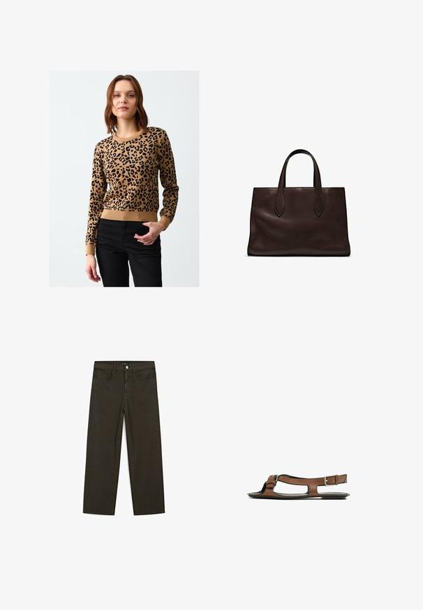 Leopardenmuster-Pullover in Beige mit schwarzen Flecken, gerippte Bündchen und Saum. Der Stoff wirkt gestrickt, die Passform ist eng mit Rundhalsausschnitt.; Dunkelgrüne Jeans im weit geschnittenen Style, hergestellt aus einem Baumwollgemisch. Sie verfügen über einen Frontknopfverschluss, fünf Taschen und klassische Denim-Nähte.; Braune Leder-Sandale mit offener Zehenpartie und seitlichen Ausschnitten. Sie verfügt über einen Knöchelriemen mit einer metallischen Schnalle und eine flache Sohle.; Braune Ledertasche mit zwei langen Griffen, strukturierte rechteckige Form, glatte Textur und dezente Nähdetails.