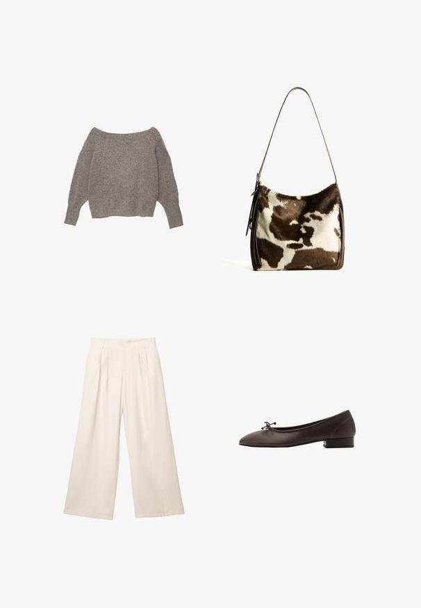 Grijze off-shoulder trui van zacht, textuurgebreid materiaal met losse mouwen en een cropped zoom.; Donkerbruin blouse met lange mouwen, een diepe V-hals en lange, brede sjaalkettingen die aan de voorkant naar beneden hangen.; Lange broek met wijde pijpen in een lichtbeige kleur, gemaakt van een zachte, gestructureerde stof. Heeft voorplooien en een elastische tailleband voor een comfortabele pasvorm.; Bruine leren balletschoen met een ronde neus en een kleine blokhak. Kenmerkt zich door een dunne strik aan de voorkant en subtiele stikdetails.; Bruine en crèmekleurige koeienhuid schoudertas met een gladde leren band, ritssluiting en een zachte, tekstuursurface met een natuurlijk patroon.