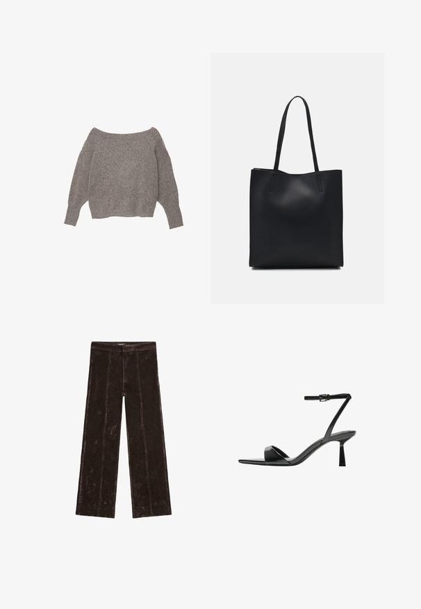 Grijze off-shoulder trui van zacht, textuurgebreid materiaal met losse mouwen en een cropped zoom.; Wijdlopende broek in donkerbruin, met een suède-achtige textuur, verticale stiksels en een elastische tailleband voor comfort.; Bershka Sandalen met hoge hak - black; Zwarte leren handtas met een gladde textuur, rechthoekige vorm en twee lange handvaten. Geen zichtbare hardware of versieringen.