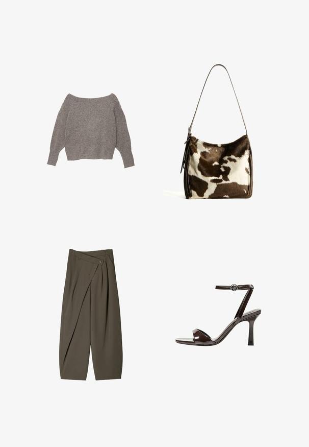 A szürke, vállon lévő pulóver puha, texturált kötött anyagból készült, laza szabásúujjakkal és cropped (rövidített) fazonnal.; Széles szabású sötét olívazöld nadrág, pleated elülső kialakítással, gombos záródással és fényes, texturált felülettel.; Barna lakkbőr magassarkú szandál, bokaheggyel, nyitott orral és letisztult, minimalista dizájnnal. Négyzet alakú sarokkal rendelkezik.; Barna és krémszínű tehénbőr válltáska sima bőrszíjjal, cipzáras záródással és puha, texturált felülettel, amely természetes mintázattal rendelkezik.