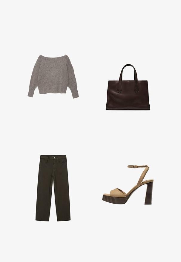 Un pull gris à épaules dénudées avec un tricot doux et texturé, des manches amples et un ourlet court.; Jeans large en denim vert foncé en mélange de coton, avec une fermeture à bouton à l'avant, cinq poches et des coutures classiques en denim.; Sandales à talons hauts en suede beige avec une large bride avant et une bride à la cheville, dotées d'un chunky talon en bois avec une finition texturée.; Sac tote en cuir marron avec deux poignées allongées, forme rectangulaire structurée, texture lisse et détails de couture subtils.