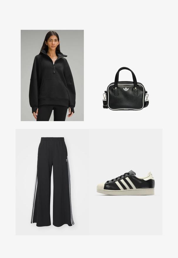 lululemon SCUBA OVERSIZED FUNNEL NECK HALF-ZIP - Sudadera - black; Pantalones de chándal negros de pierna ancha con una cinturilla elástica, que presentan franjas blancas a los lados y un logo bordado en el muslo izquierdo.; Zapatilla de cuero negro con rayas blancas, puntera de goma, cordones negros y suela color crema. Textura suave con acabado brillante.; Bolso de mano de cuero negro con dos asas cortas, herrajes plateados, detalles en blanco y un logotipo blanco. Presenta una superficie texturada y un diseño compacto.