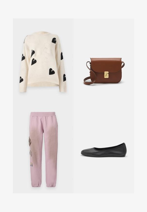 Light beige knit sweater featuring black heart patterns and silver thread accents. Round neck and ribbed hem with loose-fit sleeves.; White short-sleeve t-shirt made of ribbed fabric. Round neckline, regular fit, and subtle stitching details. No patterns or graphics.; Pink sweatpants with an elastic waistband, featuring decorative patches in diamond shapes on the left side and elastic cuffs at the ankles.; Black leather ballet flat with a rounded toe, smooth texture, minimal stitching detail, and a flexible sole design.; Brown leather handbag with a flap closure, gold-tone hardware, a shoulder strap, and a smooth texture. Compact rectangular shape.