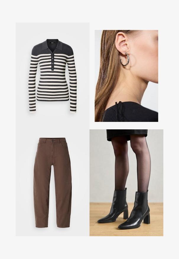 Pullover de manga longa listrado em cinza escuro e creme, com gola collare e fecho de botões à frente. Textura canelada em todo o tecido.; Calças retas castanhas com botão e fecho à frente, passantes para cinto e bolsos laterais, exibidas sobre um fundo branco.; Botas de tornozelo em couro preto com bico fino, salto quadrado robusto e design elegante. Apresenta painéis laterais elásticos para facilitar o calçar.; Brinco de argola prateada com acabamento polido, apresentando pequenos detalhes em dourado e uma forma redonda, usado na orelha.