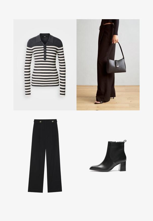Pasiasty długi rękaw sweter w ciemnoszarym i kremowym kolorze, z kołnierzykiem i zapięciem na guziki z przodu. Wzór prążkowany w całej długości.; Czarne szerokie spodnie z wysokim stanem, z detalami w postaci guzików na pasku oraz plisami z przodu.; Czarne skórzane botki za kostkę z okrągłym noskiem, średniej wysokości blokowym obcasem i pętlą z tyłu. Gładka tekstura, minimalistyczny design.; Czarna torebka o usztywnionym kształcie, gładkiej fakturze i metalowym zapięciem. Połączona z szerokimi czarnymi spodniami i sandałami na otwartym palcu na drewnianej podłodze.