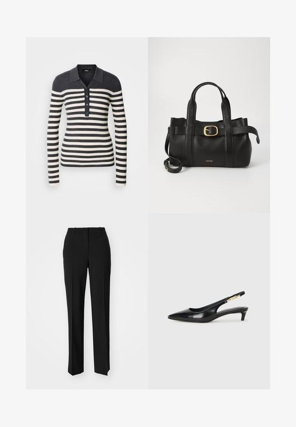 Pull en jersey rayé à manches longues, de couleur gris foncé et crème, avec un col et une fermeture à boutons. Texture côtelée sur l'ensemble.; Pantalon noir ajusté avec une coupe droite, présentant une texture lisse et des plis nets sur le devant. Aucune quincaillerie visible.; Talons hauts en cuir noir avec un bout pointu, dotés d'un talon fin et d'un accent en ton or sur la lanière réglable. Texture lisse.; Sac à main en cuir noir présentant un design structuré, deux poignées supérieures, un accent de boucle en ton doré et un logo de la marque en relief à l'avant.