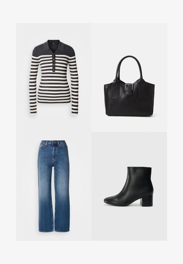 Csíkos, hosszú ujjú pulóver sötétszürke és krém színben, galléros nyakkivágással és gombos elülső résszel. Bordázott textúrával az egész felületen.; Magas derekú, bő szárú kék farmernadrág, átmenetes mosással, réz varrással, elülső gombos záródással és öt zsebével.; Fekete bőr bokacsizma hegyes orral és vastag sarokkal. Sima felület minimális díszítéssel és karcsú, passzos kialakítással.; Fekete bőr bevásárlótáska sima textúrával, strukturált formával, két fogantyúval és egy figyelemfelkeltő ezüst csattal az elején.