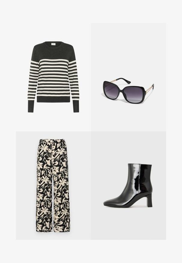 Pull rayé en gris foncé et blanc, col rond, manches longues, arborant des rayures horizontales et des poignets et un ourlet côtelés. Matière tricotée douce.; Pantalon large noir avec un motif floral crème. Fabriqué en tissu léger, il présente une texture lisse et une taille haute.; Bottines en cuir verni noir avec un bout pointu et un talon block de hauteur moyenne. Texture lisse et design minimaliste.; Lunettes de soleil noires surdimensionnées avec des verres dégradés, monture épaisse et détails en chaîne dorée sur les branches.