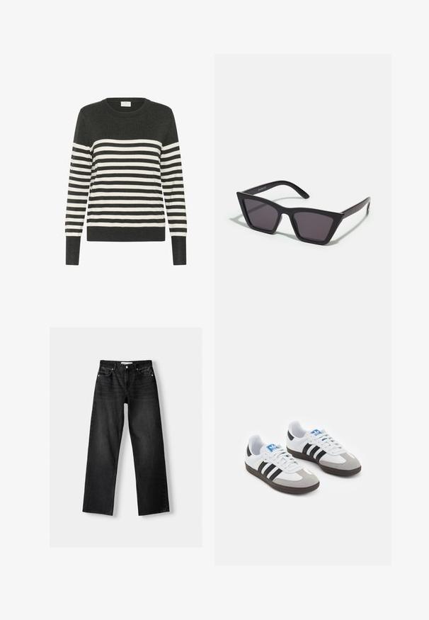 Striped sweater in dark grey and white, crew neck, long sleeves, featuring horizontal stripes and ribbed cuffs and hem. Soft knit material.; Bershka Straight leg jeans - mottled dark grey; Sport shoes with a white leather upper, gray suede toe, and three black stripes. Features a blue logo on the tongue and a textured rubber sole.; Black, angular sunglasses with gray lenses; made of plastic, featuring thick arms with a smooth surface and no visible hardware.