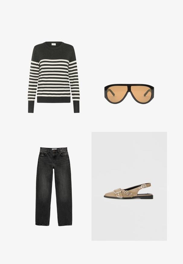 Gestreepte trui in donkergrijs en wit, met ronde hals, lange mouwen, voorzien van horizontale strepen en geribde manchetten en zoom. Zachte gebreide stof.; Zwarte denim jeans met een relaxte pasvorm, rechte pijpen, vijf-pocket ontwerp en een licht vervaagde textuur. Knop- en ritssluiting aan de voorkant.; Beige gepatineerde slingback schoenen met een spitse neus, twee verstelbare gespen en een lage zwarte hak. Glad textuur met een glanzende afwerking.; Zwarte oversized zonnebril met bruine lenzen, met brede, hoekige monturen en rechte armen. Gladde glanzende afwerking, minimale hardware.; Luipaardprint handtas in bruin en zwart canvas, met dubbele bovenhandvatten en "Coach New York" tekst op de voorkant met een metalen sluiting.