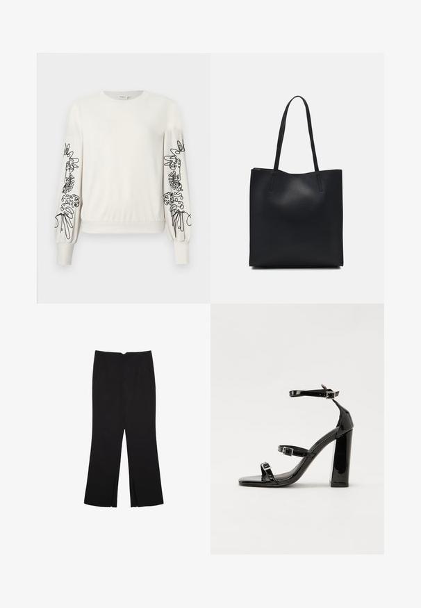 Bílá mikina s dlouhým rukávem a černou abstraktní květinovou výšivkou na rukávech a žebrovanými manžetami a lemem.; Černé kalhoty s rovným střihem, s předními kapsami a bočními rozparky na lemu. Vyrobené z jemné, hladké tkaniny. Vhodné na různé příležitosti.; Černé lakované sandály na podpatku se čtveratou špičkou, lýtkovými pásky a stříbrnými přezkami. Disponují masivním blokovým podpatkem pro stabilitu.; Černá kožená taška přes rameno s hladkým povrchem, obdélníkovým tvarem a dvěma dlouhými uchy. Žádné viditelné kování ani ozdoby.